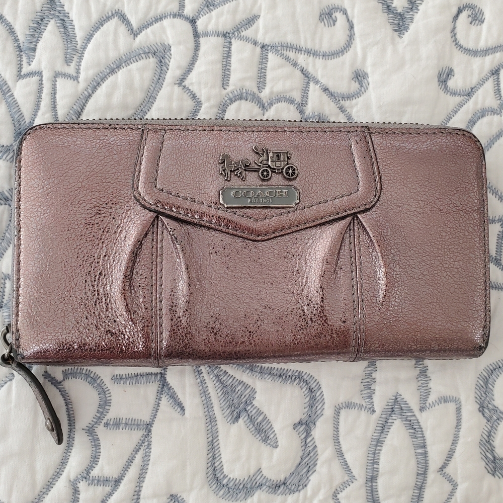 Coach Metallic Bronze Accordion Zip Around Leather Wallet